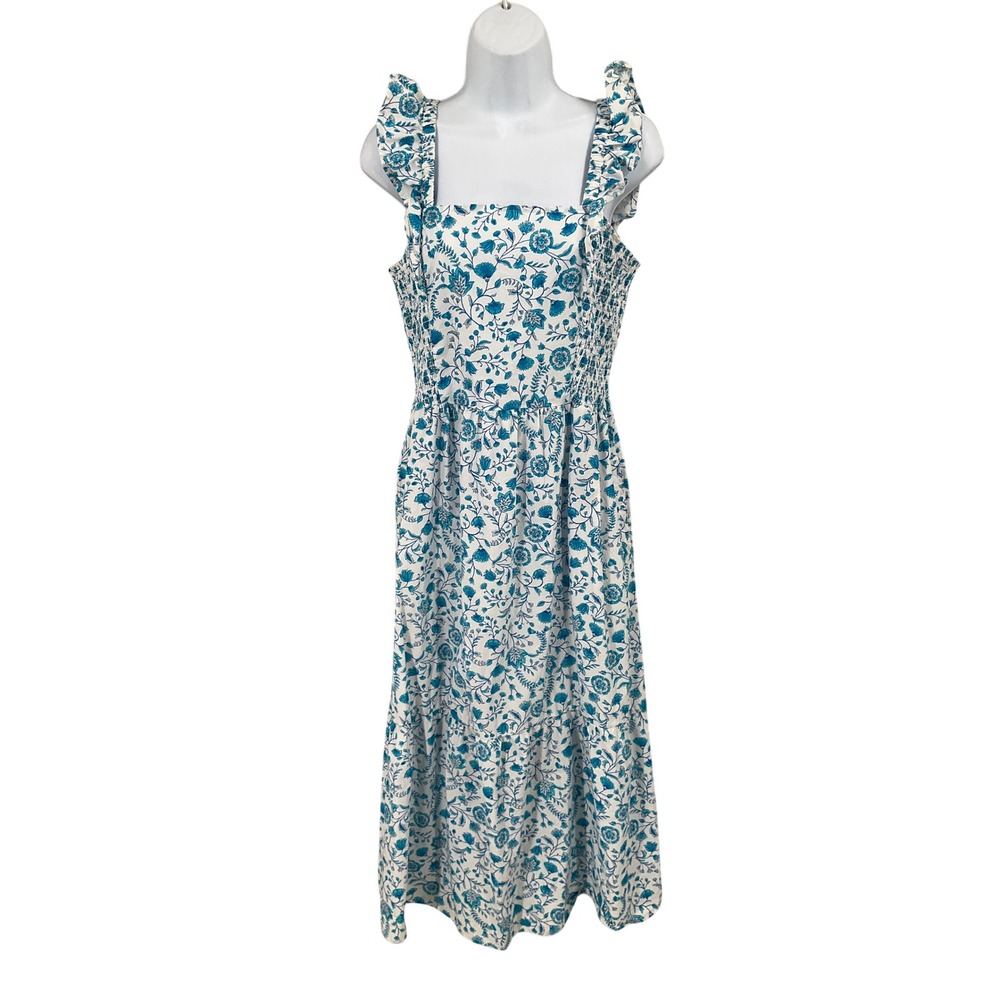 Draper James Midi Dress Women M White Blue Floral Cotton Smocked Ruffle Boho